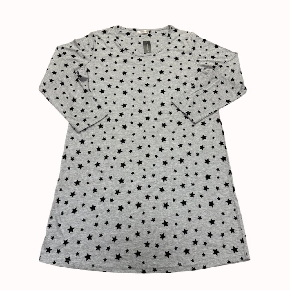 Enjoynight Nightie Night Shirt Sleepwear Size L Gray Stars Nightgown Long Sleeve